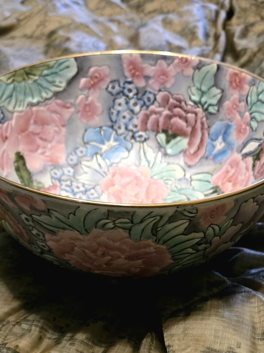 Golden Peony Vintage Floral Porcelain Bowl in Pink, Blue and Green.
